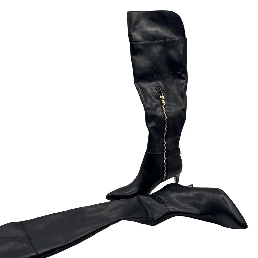 Calvin Klein Coletta Over the Knee Boots Women 6.5 Black Leather Stiletto Luxury